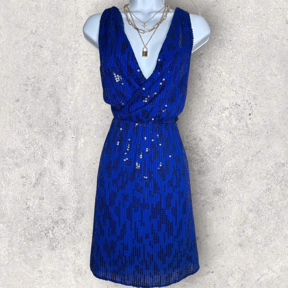 Express blue sequin v neck lined dress. Approximately knee length. New
